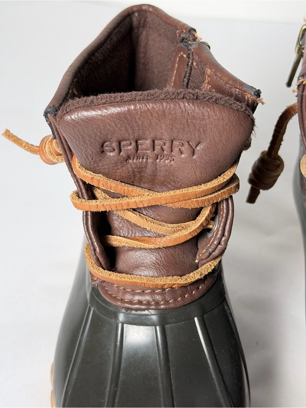 Sperry Kids Brown Leather & Black Rubber Rain Boots with Tan Laces - Picture 3 of 13
